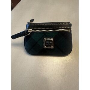 DOONEY & BOURKE Small Coin Case Blue/Green Canvas Leather trim plaid